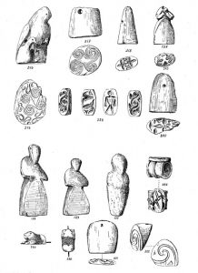 Koumasa, ivory seals. Scale 1:1. Stone figures, 128-130. Scale 3:4.  Gold pendant, 386. Scale 3:2.