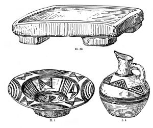 Two vases and a stone color table, from Tombs I and II. Scale 1:2.