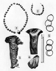 Gold aus den R-Gräbern. 1. R26 C; 2. R4 Brennplatz; 3. R7 Brennplatz; 4. R17a; 5. R24 Brennplatz.