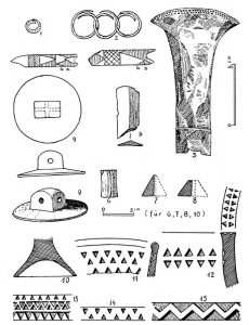 Aus den R-Gräbern. 1. Goldring R4; 2. Goldringe R24 Brennplatz; 3. Gold. Dolchgriff R17a; Knochengriff R4; 5. Feuersteinmesser R17a; 6. Steinzylinder R23; 7.-15. Ton: 7. u. 8. Spinnwirtel R1 u. 4; 9. Deckel R 25c; 10. Schalenfuss R25e; 11.-15. Kerbschnittv
