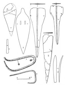Kupferne Dolche, Nadeln, Messer und Meissel aus den R-Gräbern. 1. Dolch R9; 2. Dolch R24; 3. und 4. Dolche R17a; 5. Meisselchen R23; 6. und 7. Nadeln R17a; 8. Messer R17a; 9. Meissel R23.