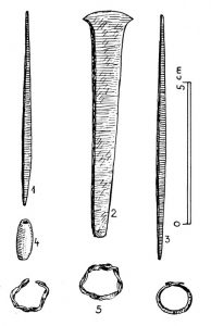 Kleinfunde aus Sesklo. 1.-3. Kupfer; 4. Halbedelstein; 5. Gold.