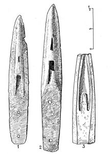 1. Lanze (Kupfer) aus Sesklo; 2. Lanze (Kupfer) aus Leukas, Familiengrab F (= Blg. 73, 16); 3. Gußform aus Sesklo.