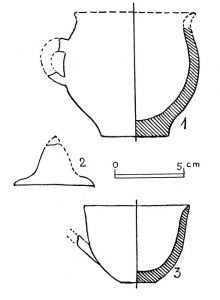 Ton­gefäße und Knopfscheibe aus Familiengrab F. 1. Grab 10; 2. Grab 4; 3. Grab 1.