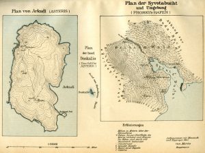 Pläne der Insel Arkudi (Asteris), Daskalio (Asteris) und der Syvota­-Bucht (Phorkys-Hafen).