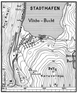Karte des südlichen Teiles der Vlicho-Bucht und ihrer Umgebung.