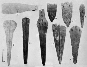 Knives and Daggers of Copper, Bronze and Silver. Early Minoan II. a, e, Koumasa; g, Platanos; Early Minoan III. f, i, Koumasa; h, Porti; Middle Minoan I. b, c, Koumasa; d, Platanos