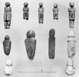 Figurines from Trapeza. Early Minoan II, Middle Row, Stone; Early Minoan III, Top Row, Ivory, Bottom Pair, Shell.