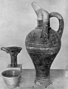 Knossos, Middle Minoan III Vases of Clay (b [inscribed] and c) and Faience (a)